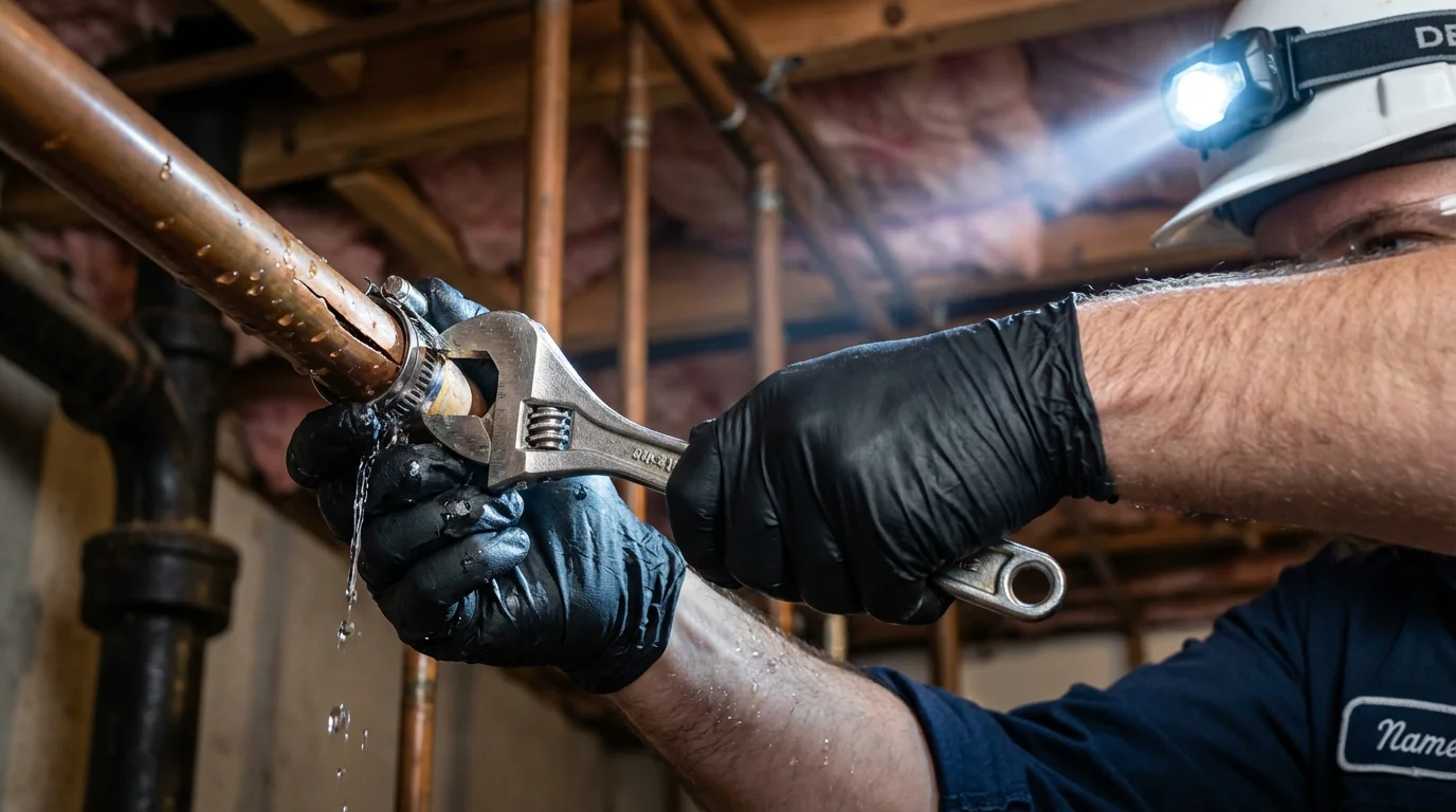 Emergency pipe clamp repair being performed by a Johns Plumbing LLC plumber in Spring Grove
