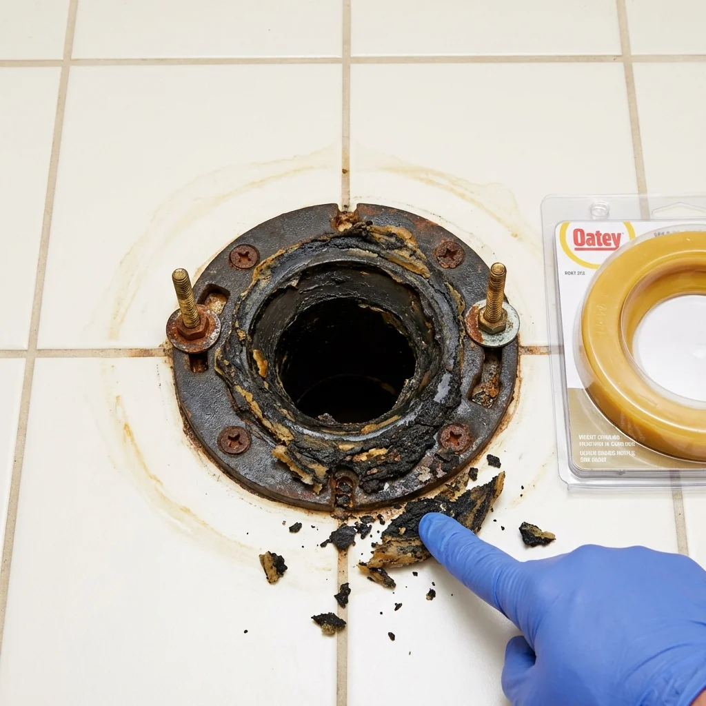 Failed wax ring showing water seepage at the base of a toilet in a Spring Grove, IL home