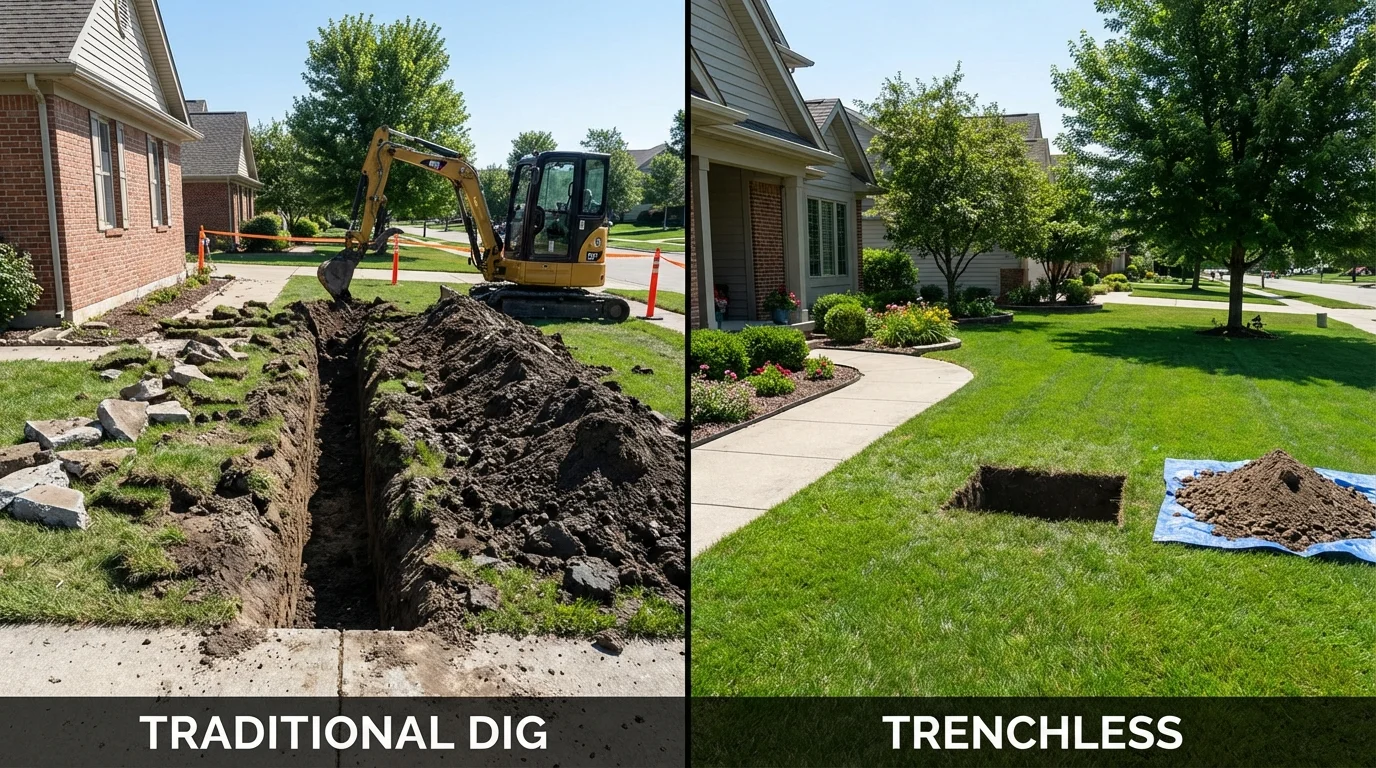 Trenchless sewer repair with minimal yard damage versus traditional excavation in Spring Grove, IL